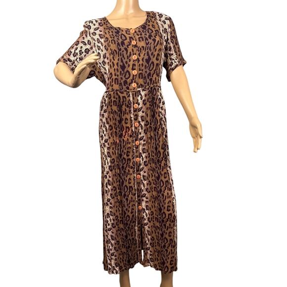 80's Bila Animal Print Midi Dress Tie Waist Shoulder Pads SZ M Retro Vintage - Picture 1 of 8